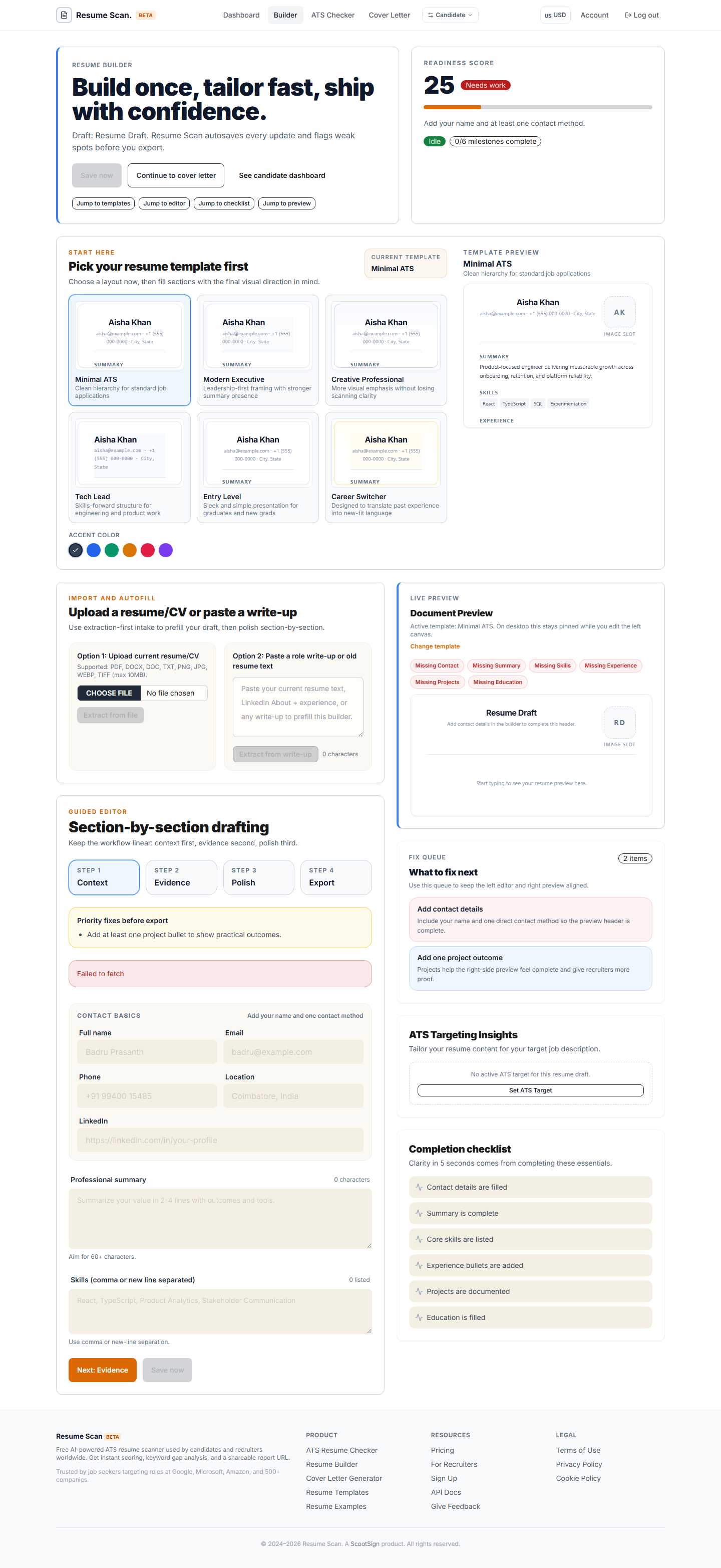 Resume builder with live document preview
