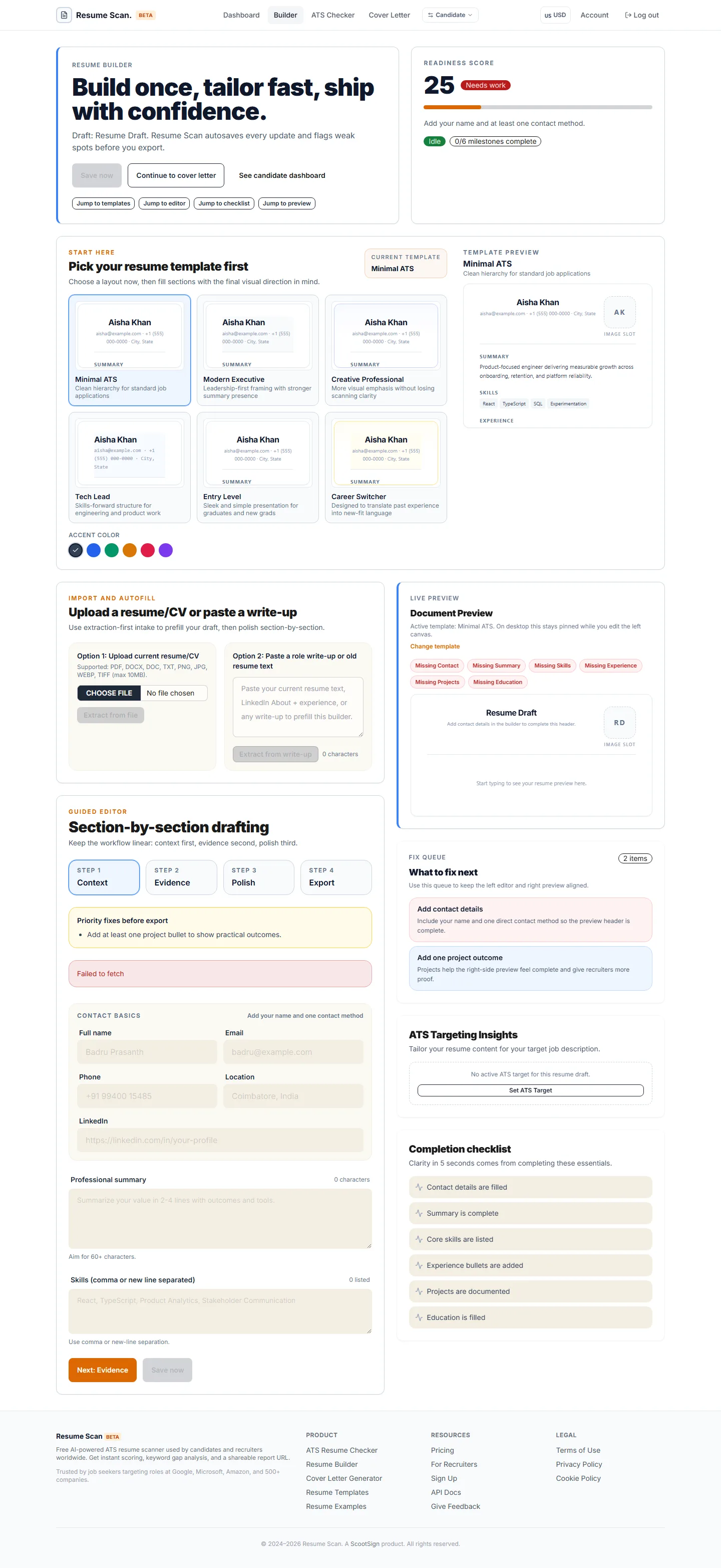 Resume Scan resume builder with live document preview, template selection, section drafting, and ATS targeting insights