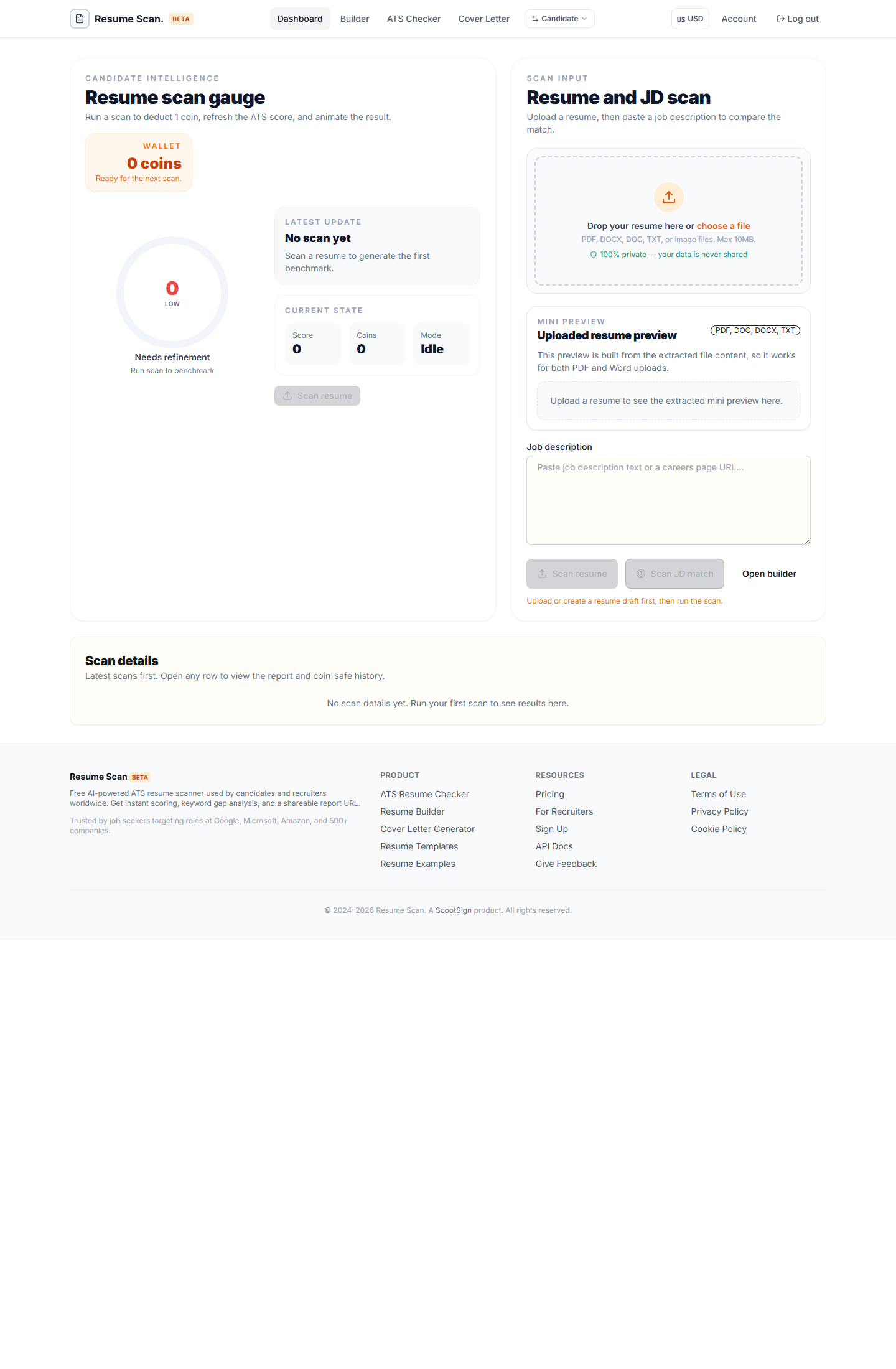 Candidate dashboard with scan history