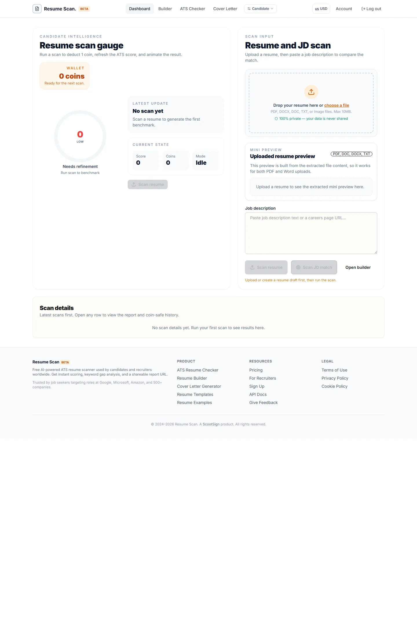 Candidate dashboard with scan history